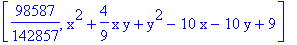 [98587/142857, x^2+4/9*x*y+y^2-10*x-10*y+9]